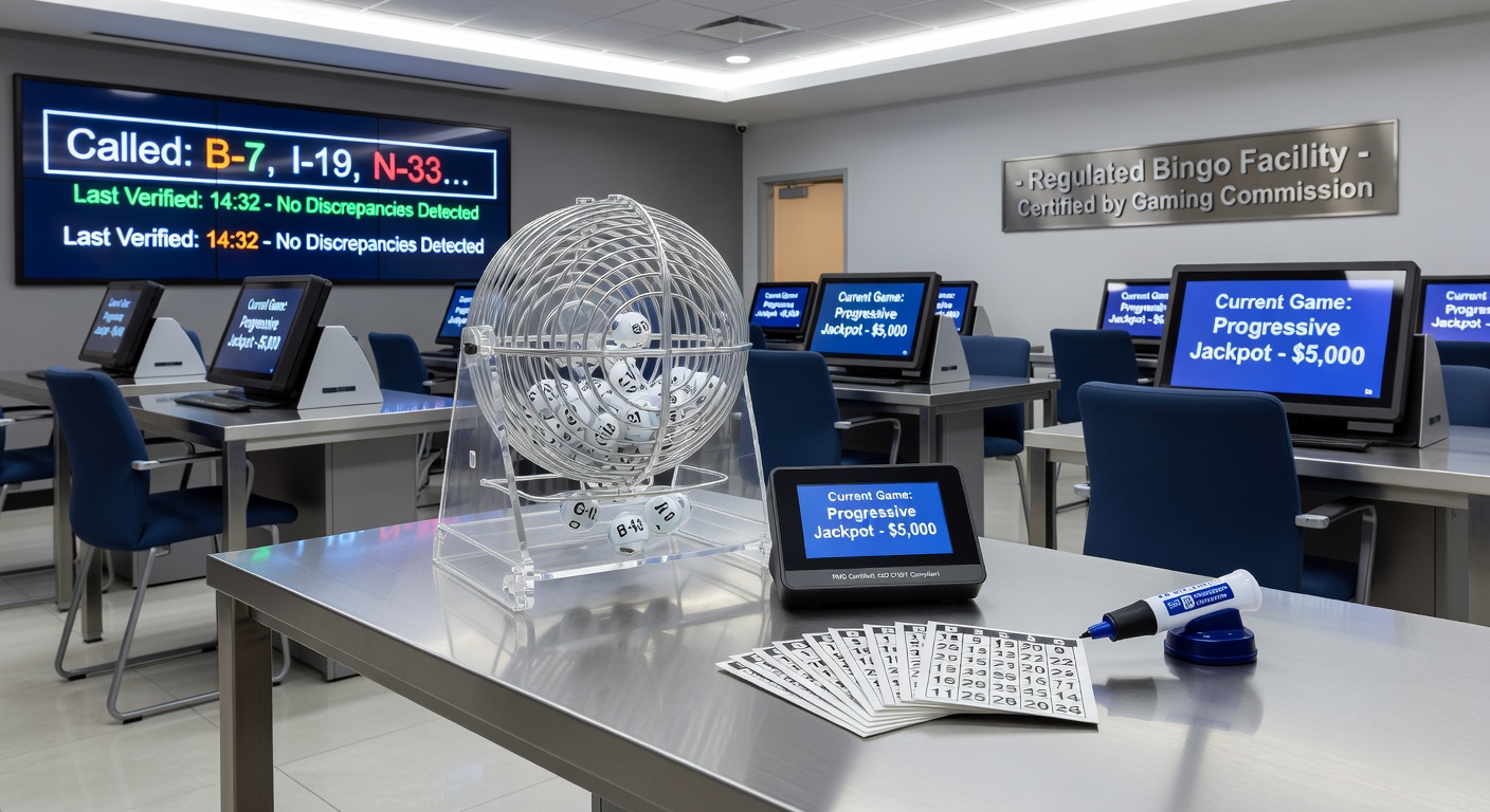 Electronic bingo terminals and verification console in a regulated hall