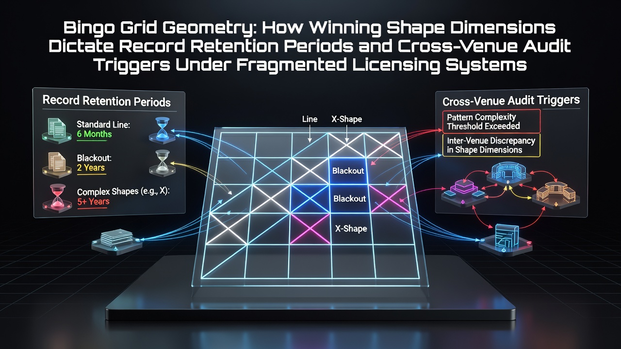 Detailed bingo card grid showing geometric winning patterns like lines, corners, and blackout shapes with measurement annotations