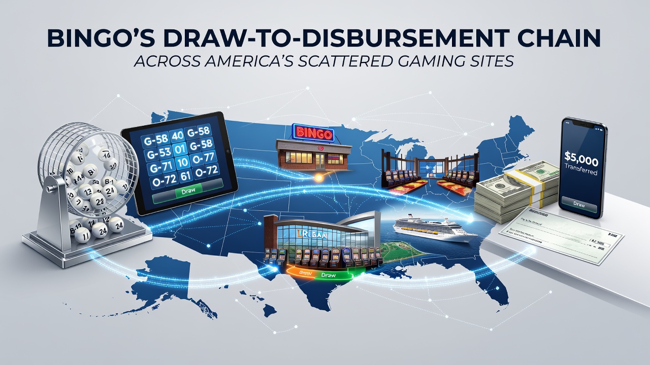 Bingo draw process illustration showing random number generators and caller stations in a gaming hall
