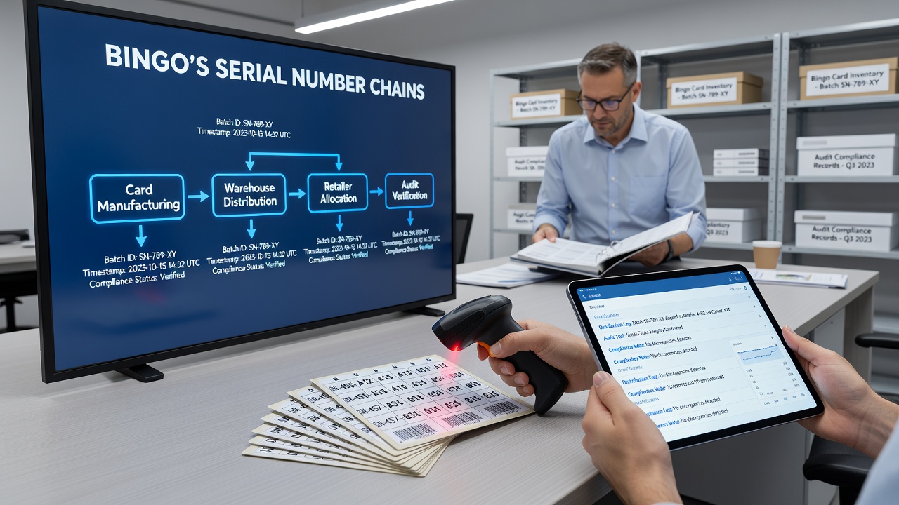 Auditor reviewing bingo card serial number logs on a computer in a hall office