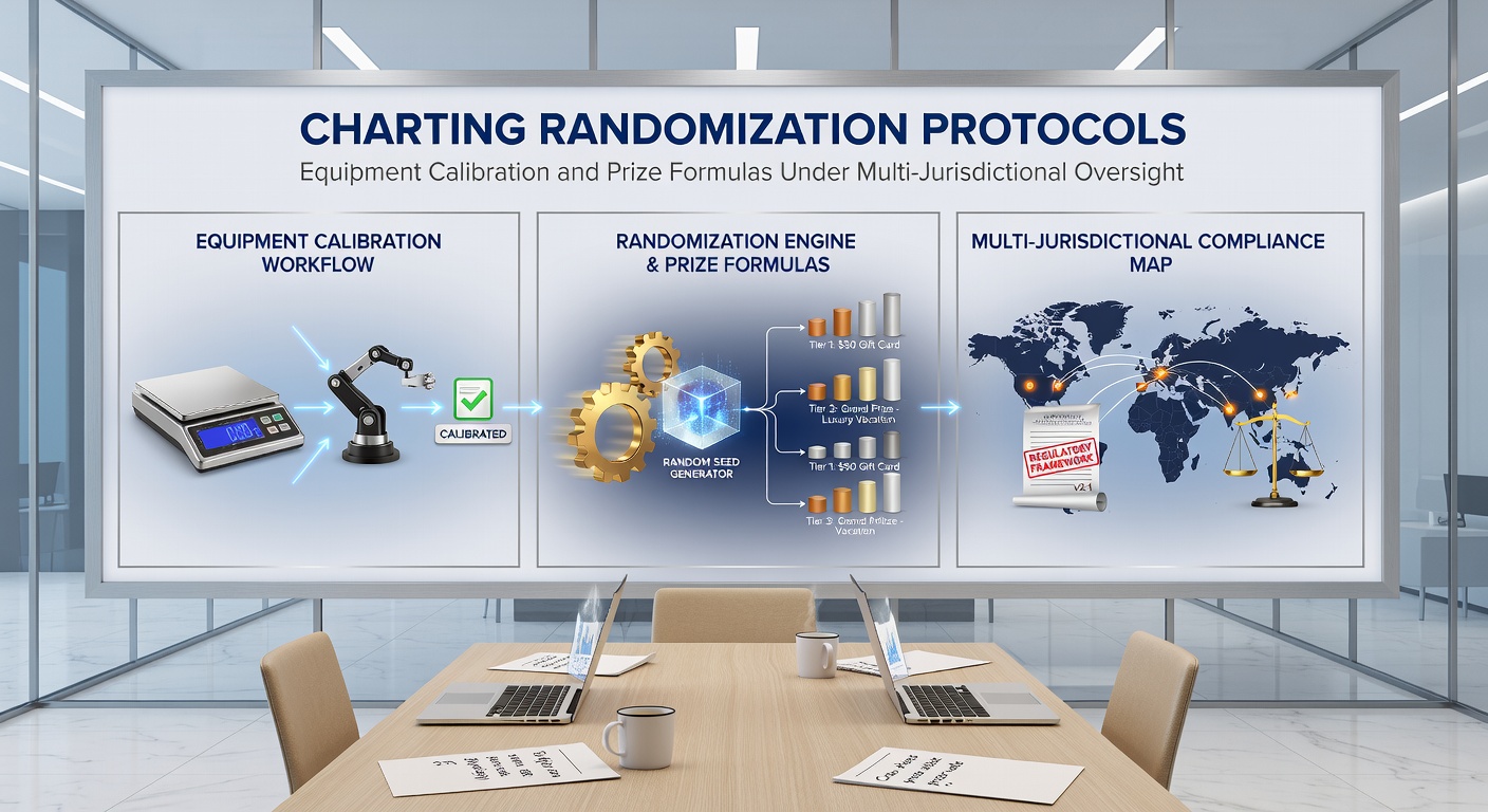 Regulatory dashboard displaying prize formula calculations linked to calibrated randomization equipment