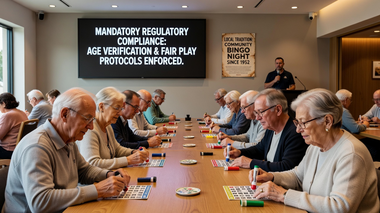Bingo hall interior showing players engaged in traditional communal activities alongside regulatory compliance signage