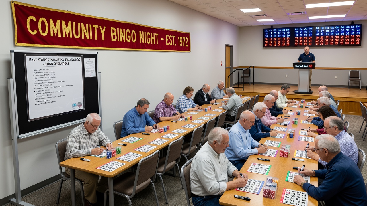 Group of bingo players participating in a regulated session with visible compliance elements like numbered cards and signage