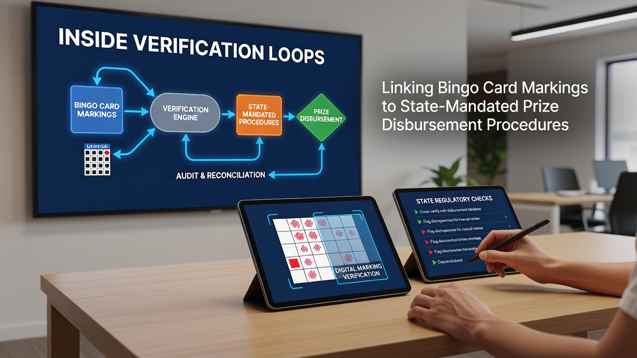 Bingo verification station where staff cross-check marked cards against called numbers before prize approval