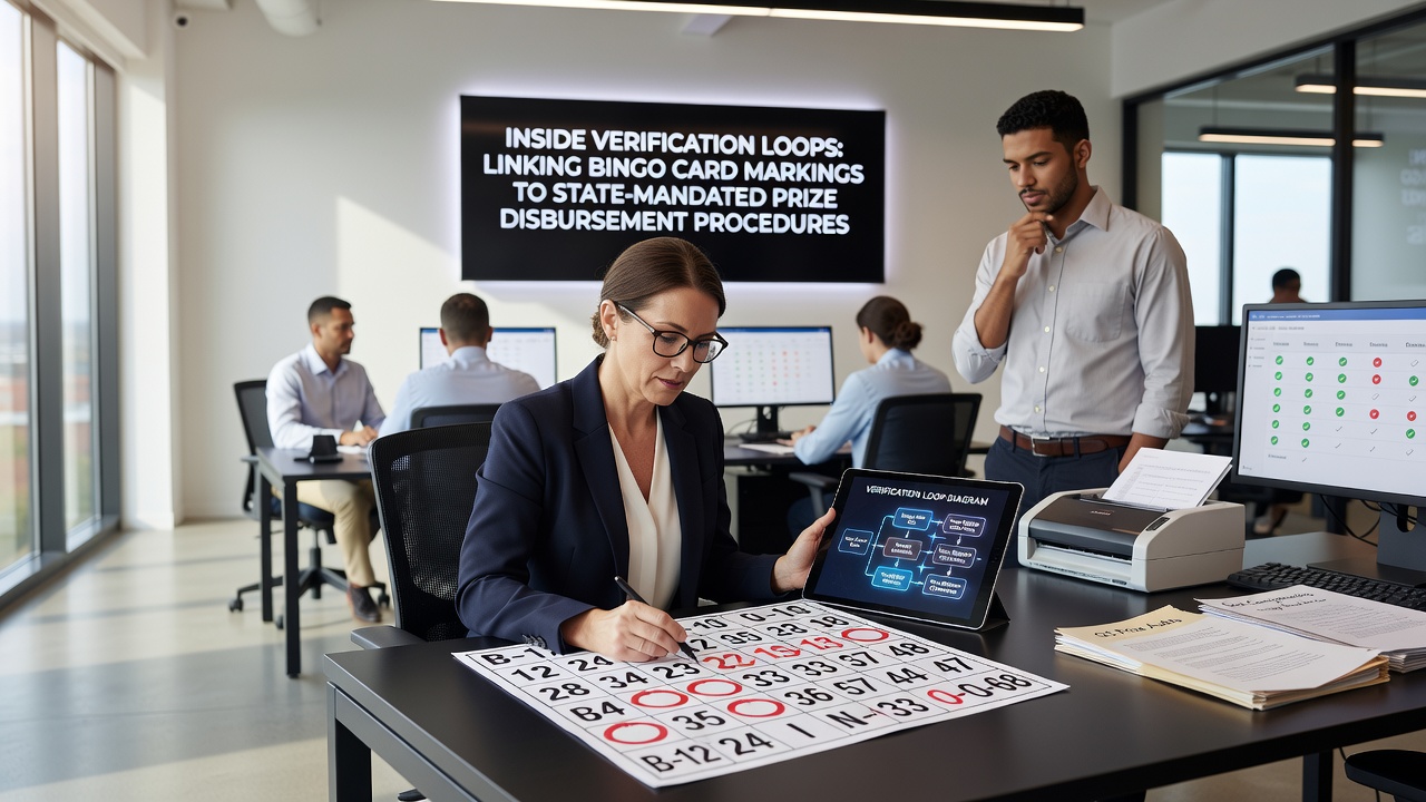 Staff reviewing marked bingo cards during a multi-stage verification loop ahead of prize disbursement