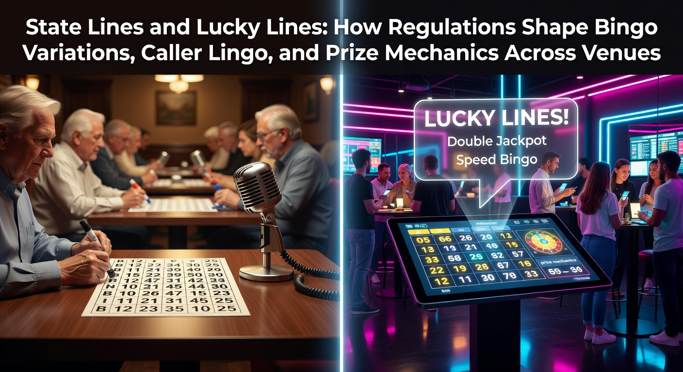 Bingo halls in different states showing varied prize displays and caller setups influenced by local gaming regulations