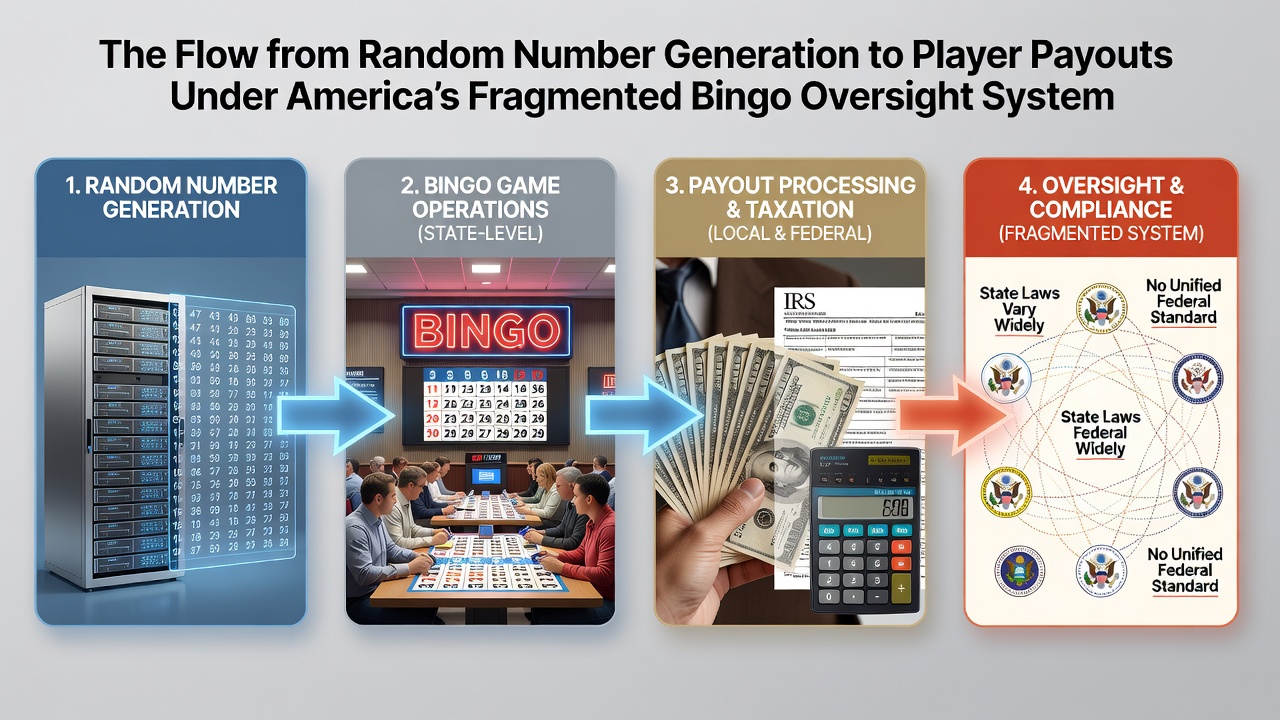 Bingo hall equipment showing random number generators and payout verification stations under state regulatory oversight