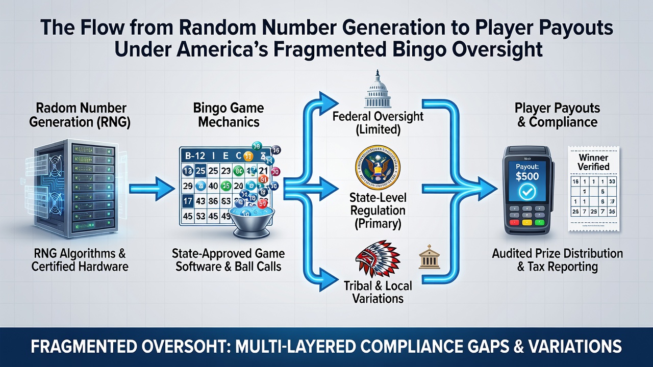 Regulatory compliance workflow showing bingo draw results moving through verification systems to approved player payout stations