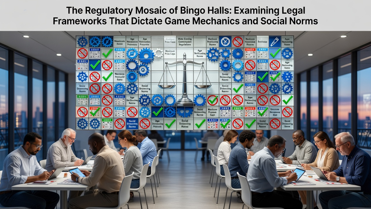 Bingo hall floor with players engaged under visible regulatory signage and structured seating arrangements