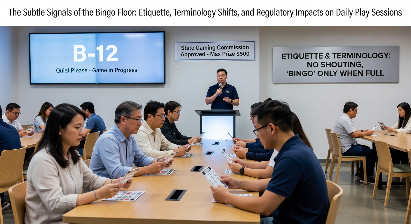 Bingo players exchanging quiet signals and gestures during a regulated game session on the hall floor