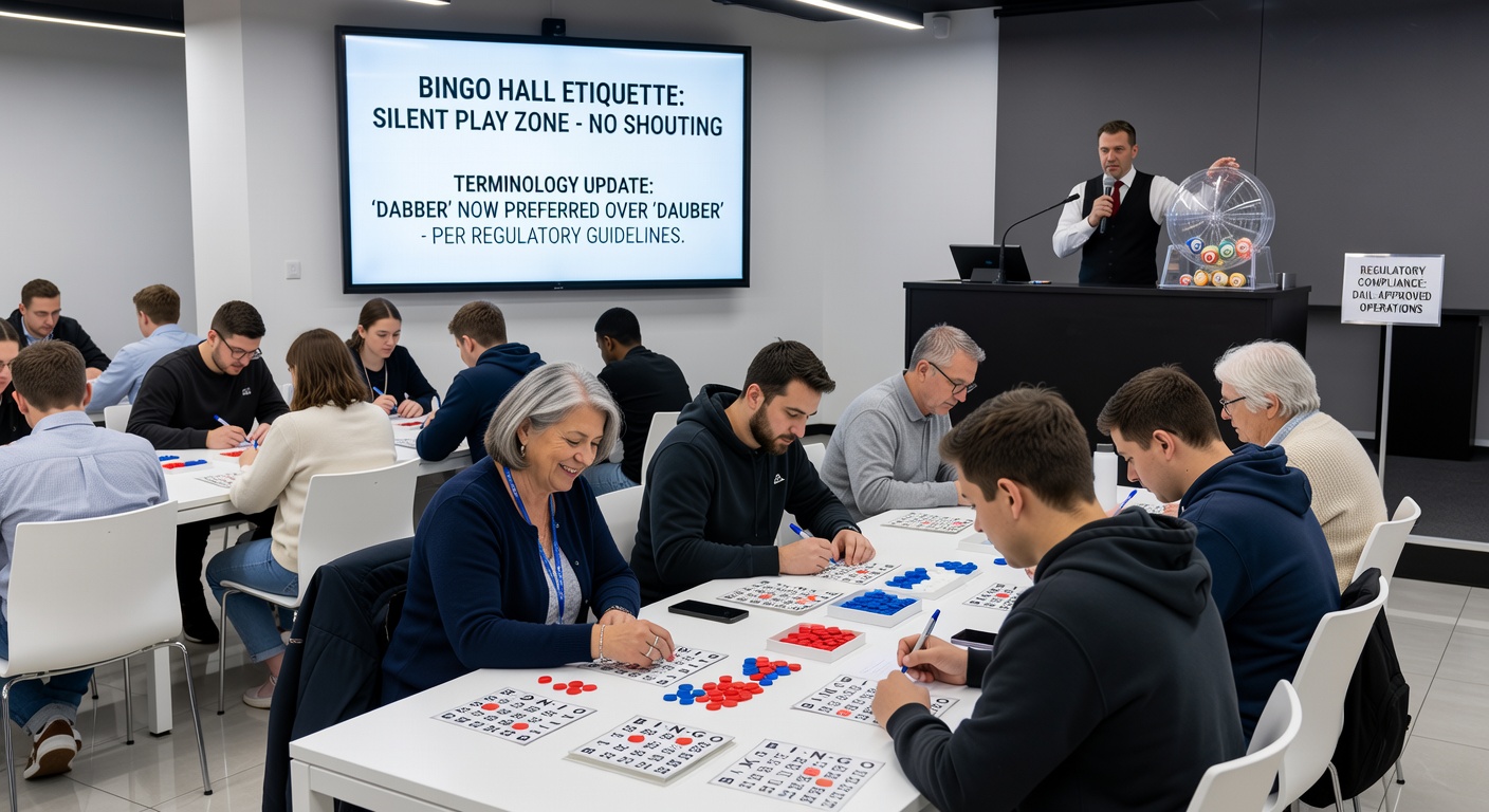Close-up of bingo cards and daubers with players using subtle hand signals under regulatory guidelines